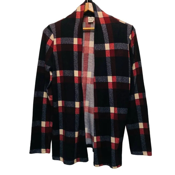 Sweaters - Sun & Moon Open Cardigan Women Medium Red/Blue Plaid Elbow Patches Grandpa Core